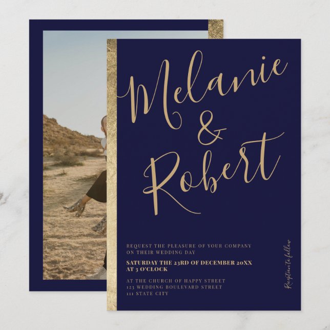 Invitación Moderna franja dorada correa azul marino boda foto (Anverso / Reverso)