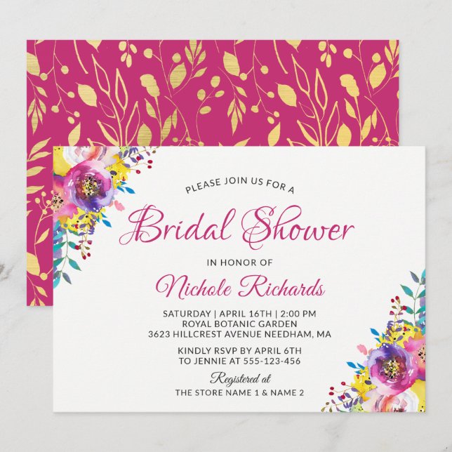 Invitación Moderna Fuchsia Gold Floral Blossom Bridal Shower (Anverso / Reverso)