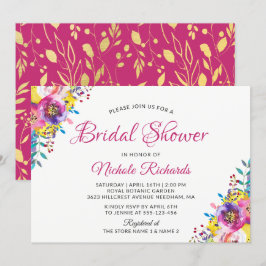 Invitación Moderna Fuchsia Gold Floral Blossom Bridal Shower