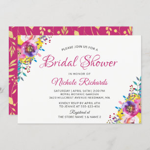 Invitación Moderna Fuchsia Gold Floral Blossom Bridal Shower