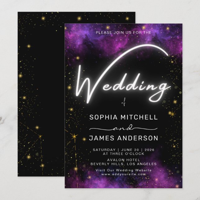 Invitación Moderna Galaxia Neon Light Boda Púrpura Negro (Anverso / Reverso)