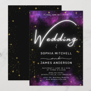 Invitación Moderna Galaxia Neon Light Boda Púrpura Negro