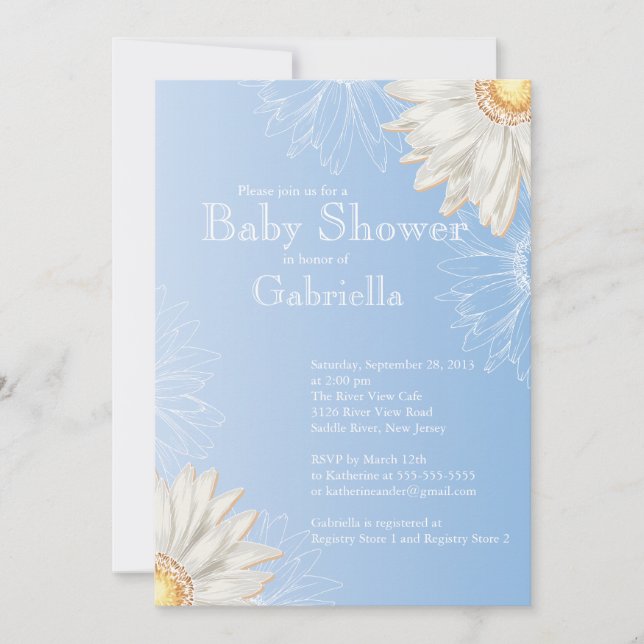 Invitación Moderna Gerbera Daisy Baby Shower azul y blanco (Anverso)