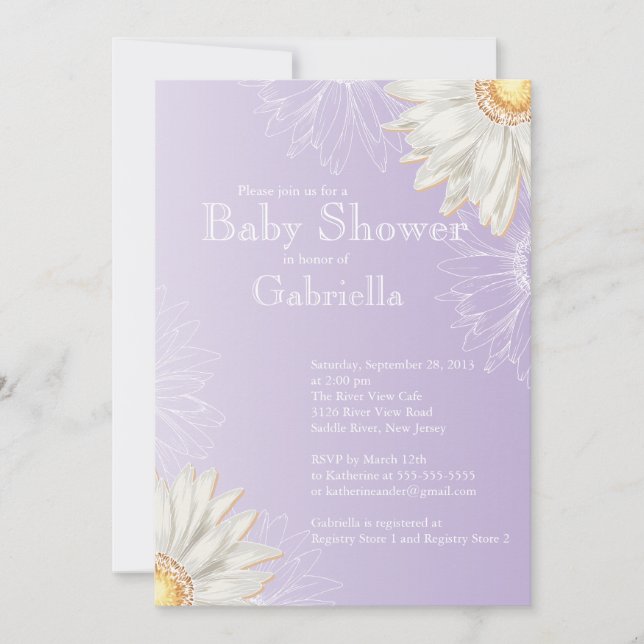 Invitación Moderna Gerbera Daisy Baby Shower morado y blanco (Anverso)
