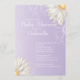 Invitación Moderna Gerbera Daisy Baby Shower morado y blanco