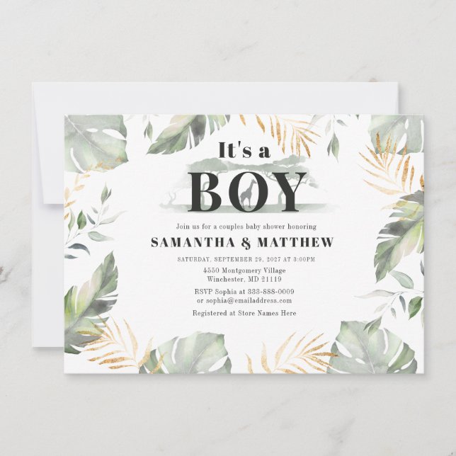 Invitación Moderna Giraffe Safari jungle Boy Baby Shower (Anverso)
