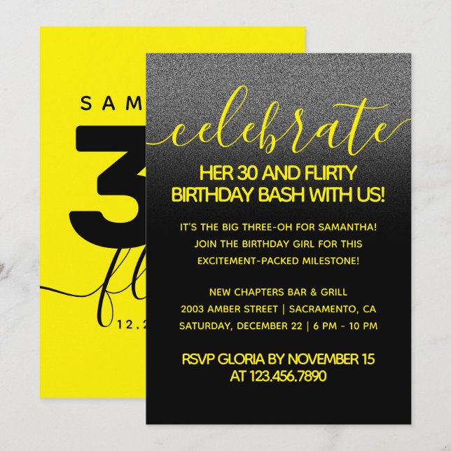 Invitación Moderna Girly Amarillo brillante 30 y cumpleaños b (Anverso / Reverso)