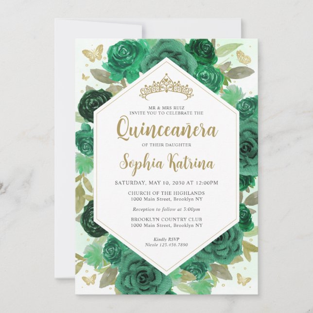 Invitación Moderna Girly Emerald Green Floral Gold Quinceañer (Anverso)