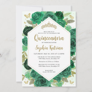 Invitación Moderna Girly Emerald Green Floral Gold Quinceañer