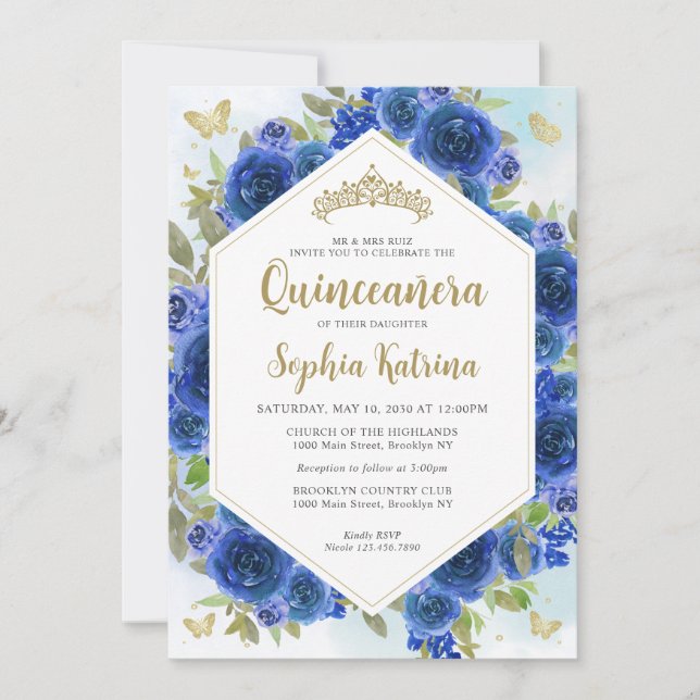 Invitación Moderna Girly Royal Floral Gold Quinceañera (Anverso)