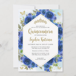 Invitación Moderna Girly Royal Floral Gold Quinceañera