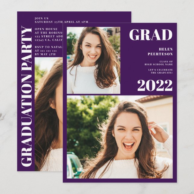 Invitación Moderna graduación de 3 fotos en blanco morado (Anverso / Reverso)