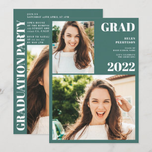 Invitación Moderna graduación de 3 fotos en blanco y verde