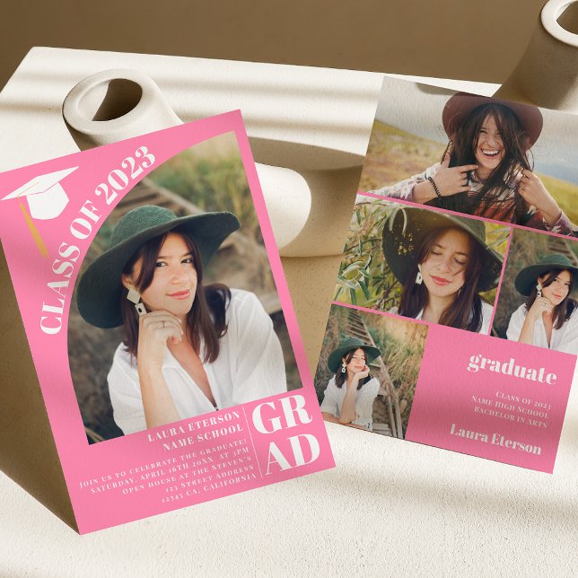 Invitación Moderna graduación de 5 fotos en arco rosa (Subido por el creador)