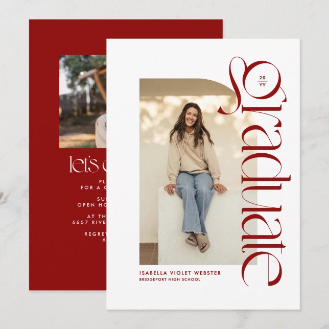 Invitación Moderna graduación de fotografía roja para graduad (Anverso / Reverso)