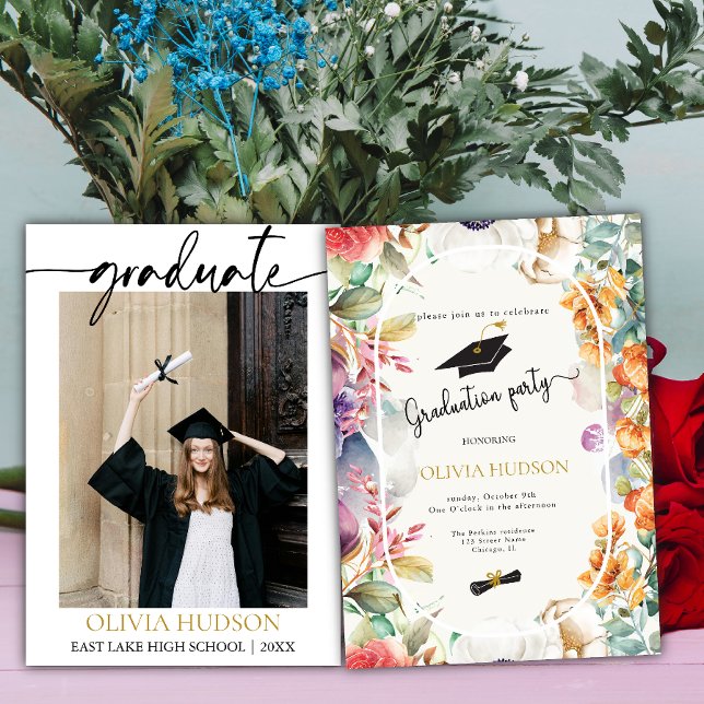 Invitación Moderna graduación de fotos de flores silvestres e (Subido por el creador)