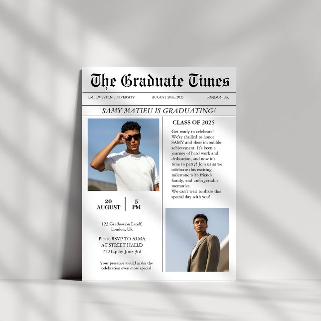 Invitación Moderna graduación de fotos de periódico de moda (Subido por el creador)