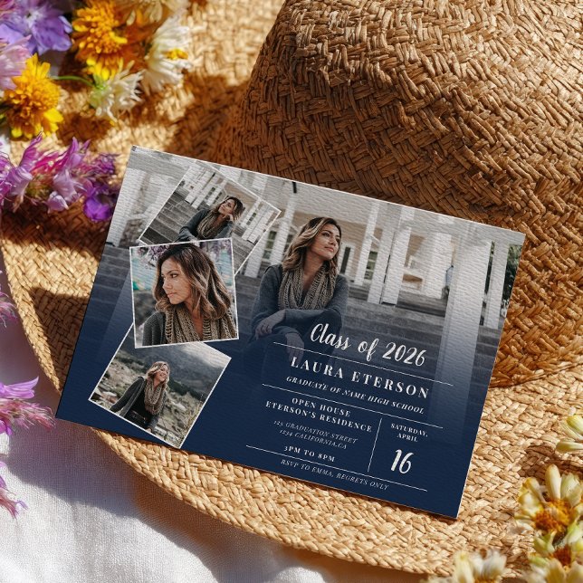 Invitación Moderna graduación de fotos minimalistas azul mari (Modern navy blue minimalist photo graduation invitation)