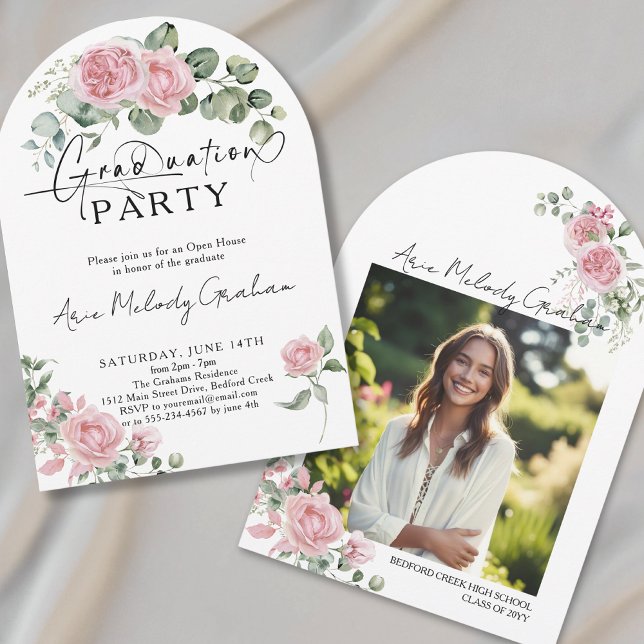 Invitación Moderna graduación de guión de rosas rosas rosas r (Subido por el creador)
