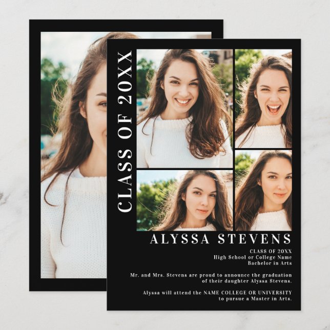 Invitación Moderna graduación de la cuadrícula de fotos en ne (Anverso / Reverso)