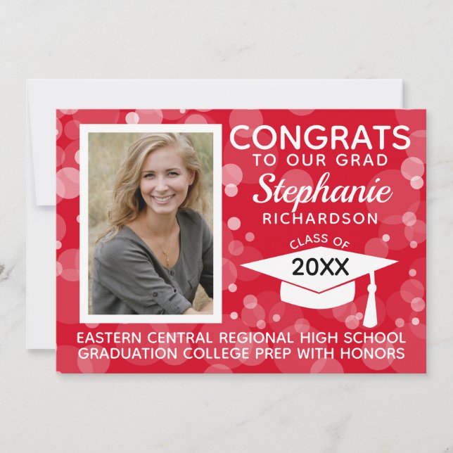 Invitación Moderna Graduación de la foto de las burbujas roja (Anverso)