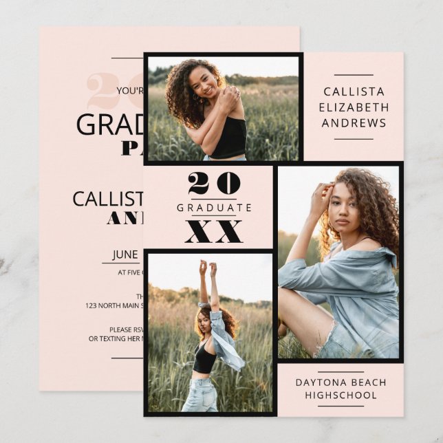 Invitación Moderna Graduación Mínima De La Cuadrícula De Foto (Anverso / Reverso)