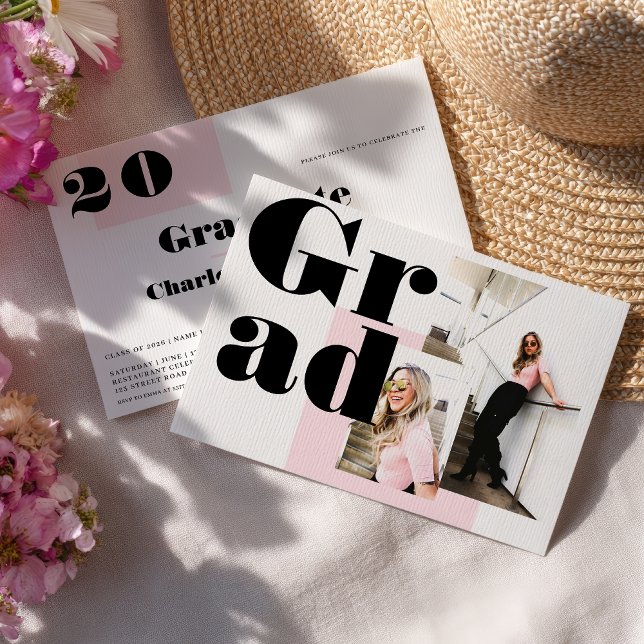 Invitación Moderna graduación minimalista rosa de 2 fotos (Modern minimalist pink 2 photos graduation invitation)