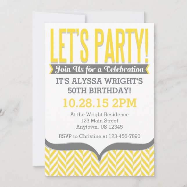 Invitación moderna gris amarilla del cumpleaños de (Anverso)