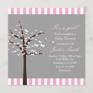 Invitación moderna gris para baby shower con árbol