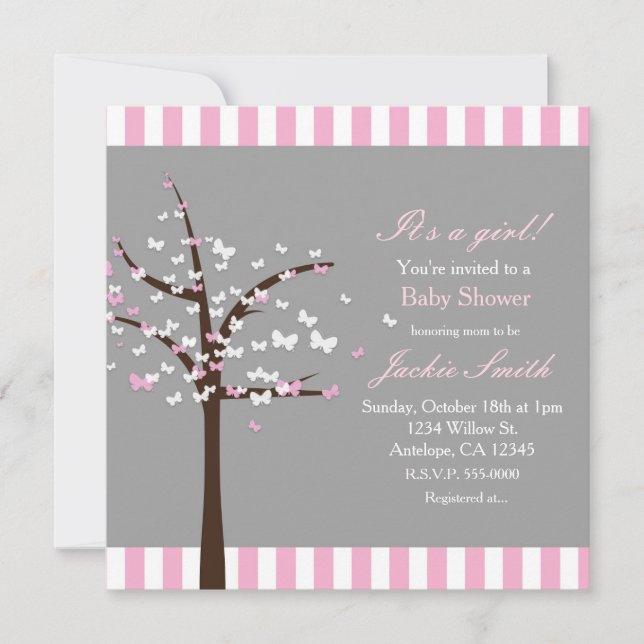 Invitación moderna gris para baby shower del árbol (Anverso)