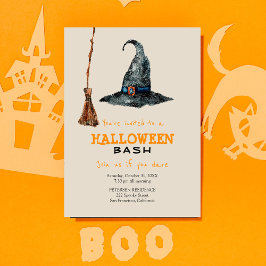 Invitación Moderna Halloween simple escoba y fiesta gorra bru