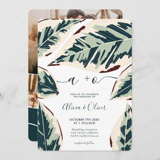 Invitación Moderna hoja de vegetación tropical 4 fotos boda (Anverso / Reverso)