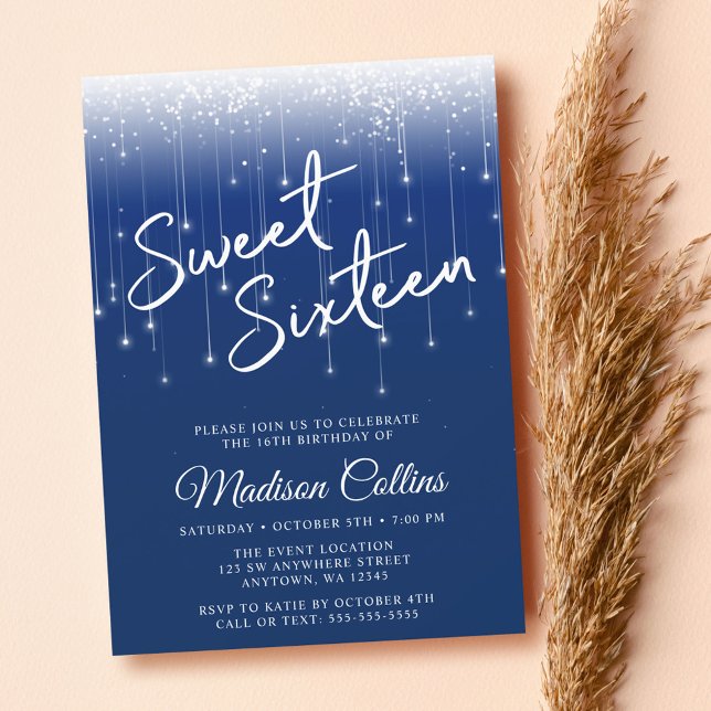Invitación Moderna iluminación Navy Blue Sweet 16 (Subido por el creador)