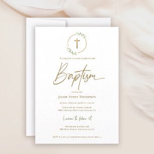 Invitación Moderna Laurel Wreath Giled Gold Cross Baptism