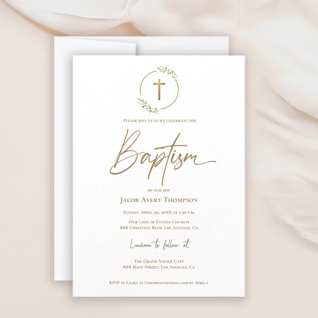 Invitación Moderna Laurel Wreath Giled Gold Cross Baptism (Baptism gold cross laurel watercolor leaves invitation)