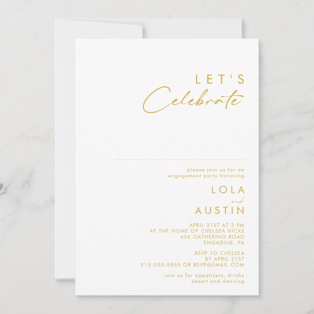 Invitación Moderna letra Minimalista de oro celebremos (Anverso)