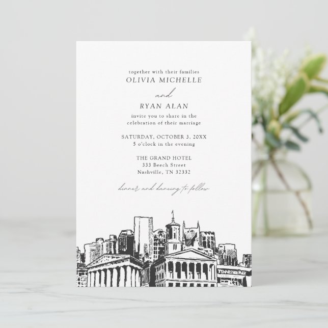 Invitación Moderna línea aérea de Nashville Boda blanco y neg (Anverso de pie)