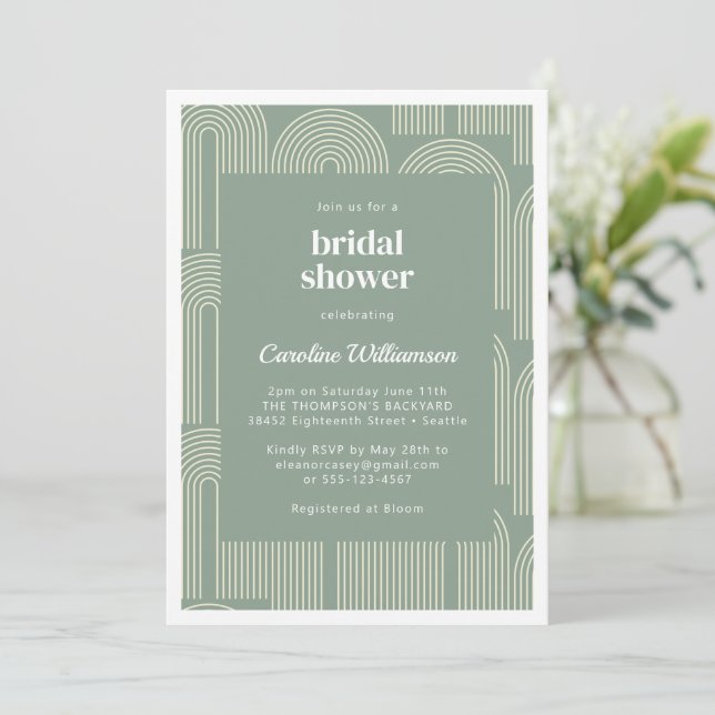 Invitación Moderna línea de arca Art Sage Green Bridal Shower (Anverso de pie)