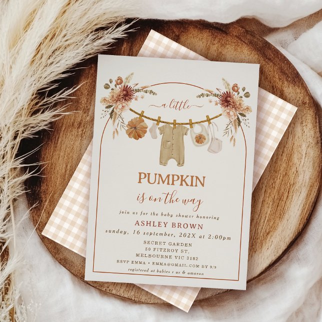 Invitación Moderna línea de ropa floral de arca marrón Baby S (Rustic Fall Baby Shower Invitation Template, Fall Baby Shower Invitation Clothesline, Autumn Baby)