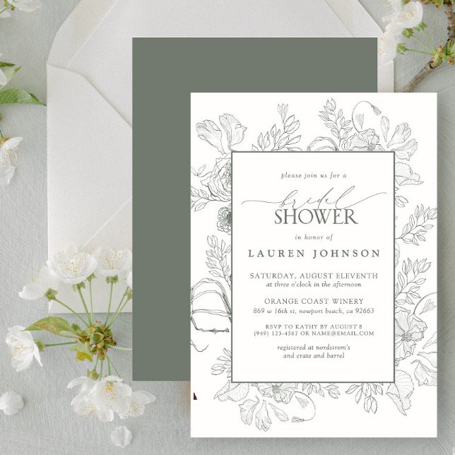 Invitación Moderna línea floral Art Sage Green Bridal Shower (Bridal Shower Invitation)