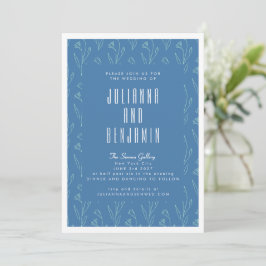 Invitación Moderna Línea Floral Boho Dibujo Boda Azul
