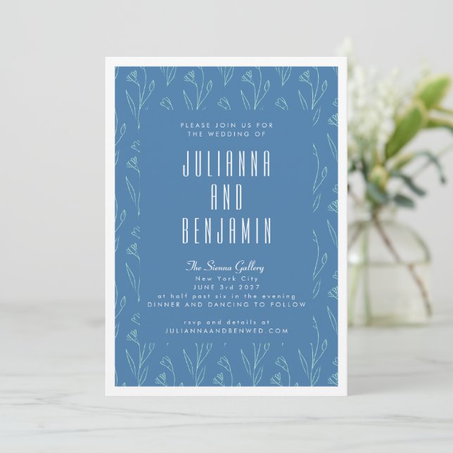 Invitación Moderna Línea Floral Boho Dibujo Boda Azul (Anverso de pie)