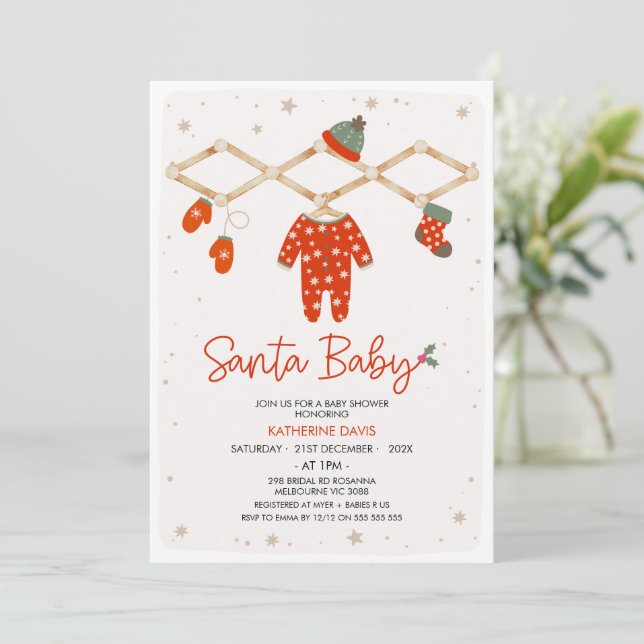 Invitación Moderna línea roja de ropa Santa Bebé Baby Shower (Anverso de pie)