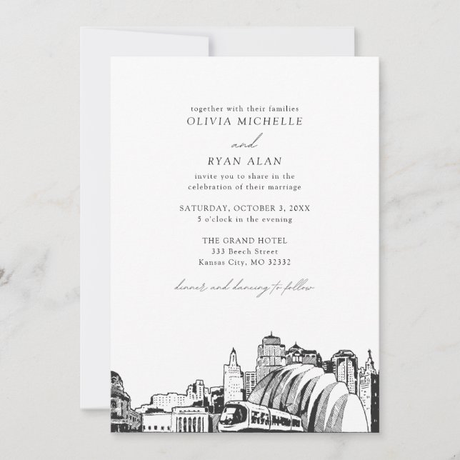 Invitación Moderna Línea Skyline de Kansas City Boda blanco y (Anverso)