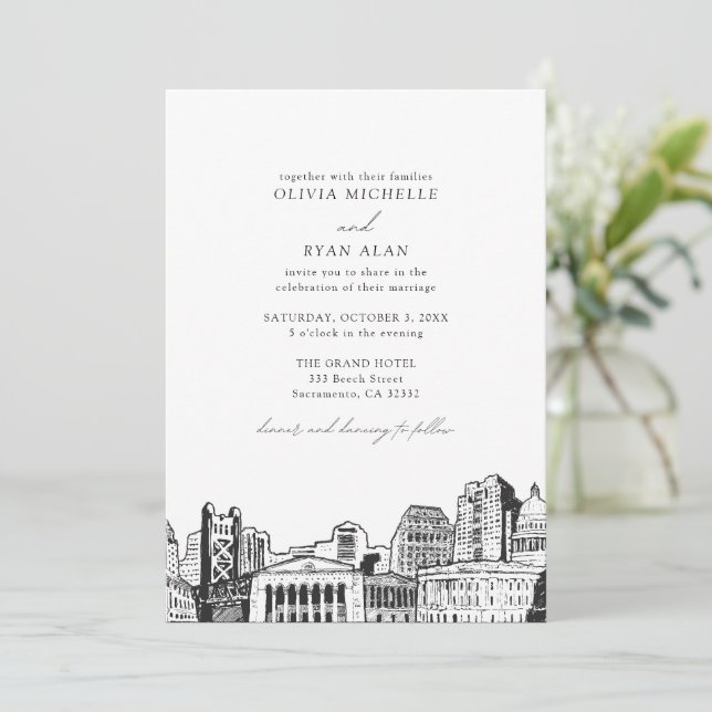 Invitación Moderna Línea Skyline de Sacramento Boda blanco y  (Anverso de pie)