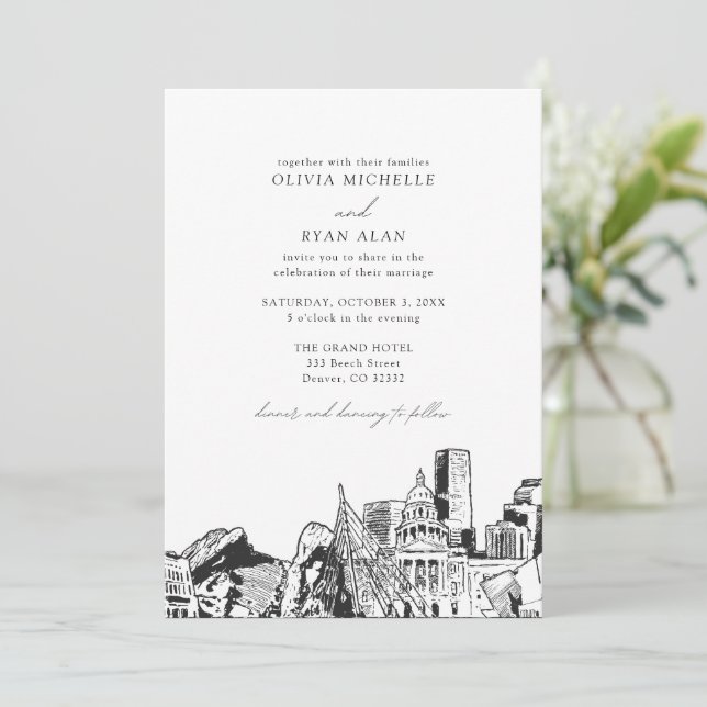 Invitación Moderna Línea Skyline Denver Boda blanco y negro (Anverso de pie)