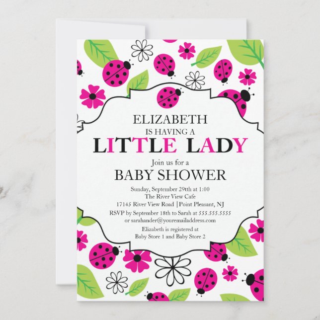 Invitación Moderna Little Lady Pink Ladybug Baby Shower (Anverso)