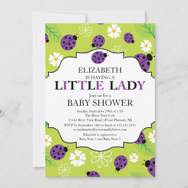 Invitación Moderna Little Lady Purple Ladybug Baby Shower (Anverso)