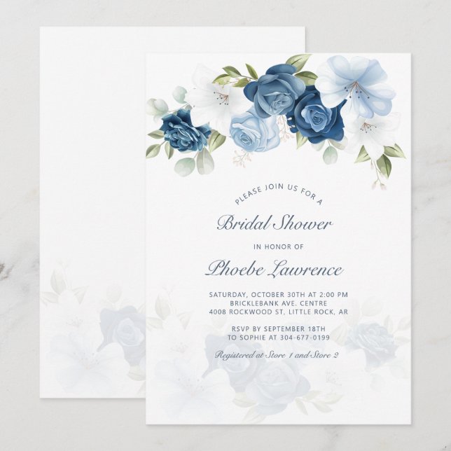 Invitación Moderna lluvia de flores azules para despedida de  (Anverso / Reverso)