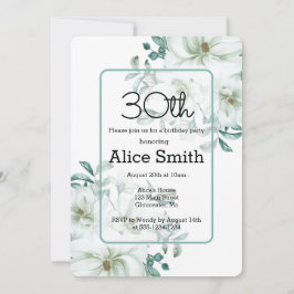 Invitación Moderna Magnolia Blanca Greenery 30 cumpleaños Inv